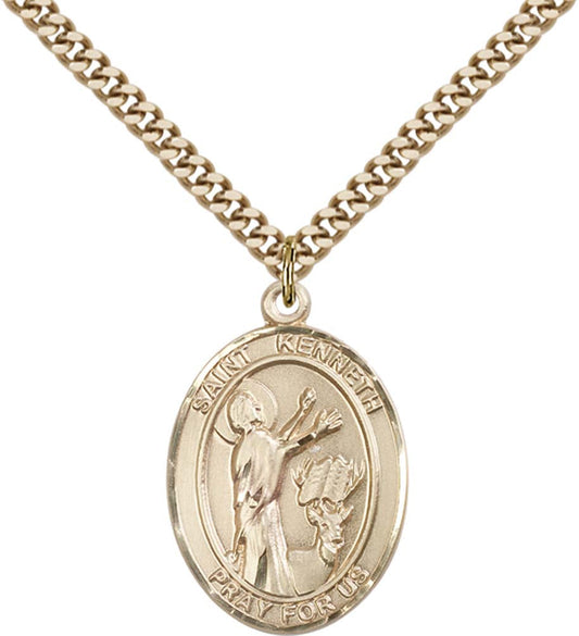 14kt Gold Filled St. Kenneth Pendant with 24 inch Gold Plate Heavy Curb Chain