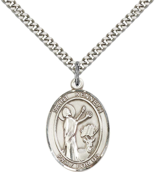 Sterling Silver St. Kenneth Pendant with 24 Inch Light Rhodium Heavy Curb Chain