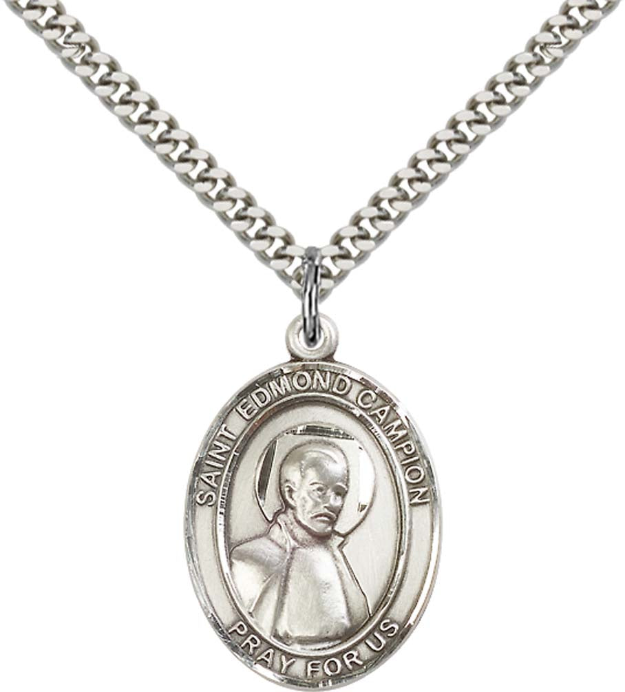Sterling Silver St. Edmund Campion Pendant with 24 Inch Light Rhodium Heavy Curb Chain