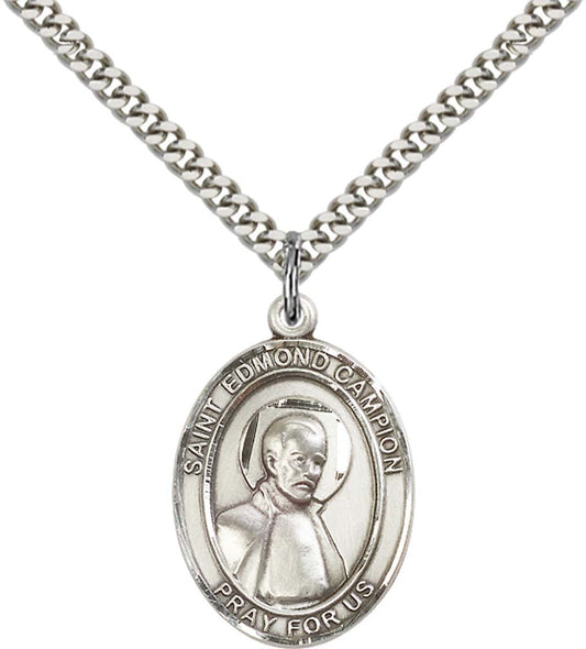 Sterling Silver St. Edmund Campion Pendant with 24 Inch Light Rhodium Heavy Curb Chain