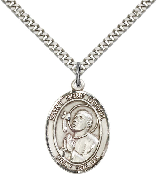 Sterling Silver St. Rene Goupil Pendant with 24 Inch Light Rhodium Heavy Curb Chain