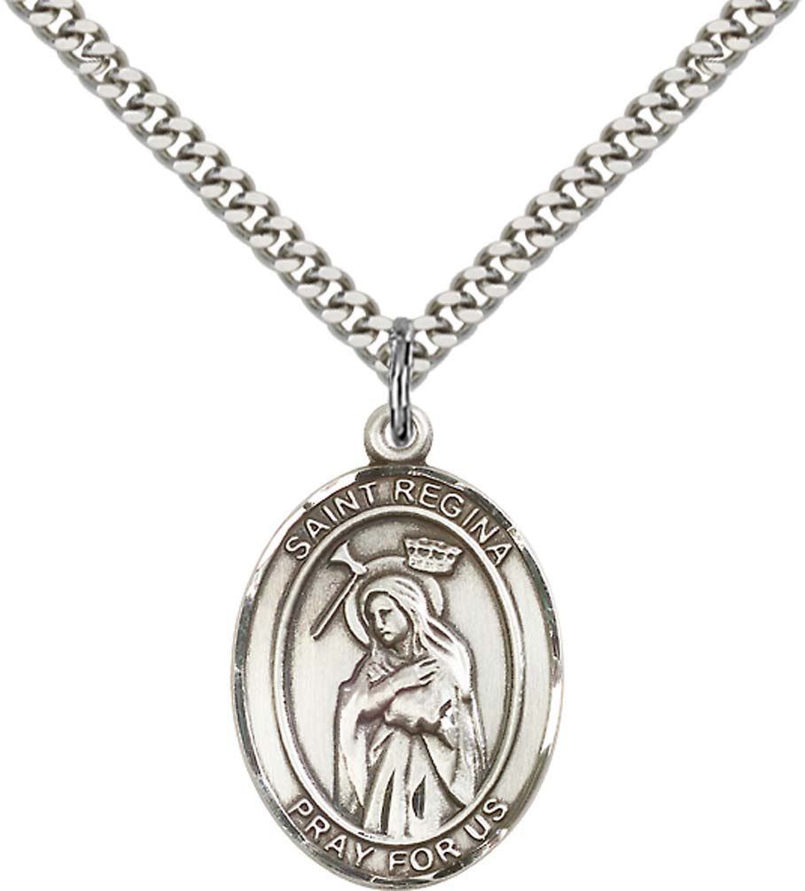 Sterling Silver St. Regina Pendant with 24 Inch Light Rhodium Heavy Curb Chain