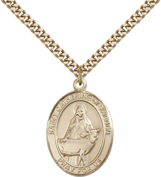 14kt Gold Filled St. Catherine of Sweden Pendant with 24 inch Gold Plate Heavy Curb Chain