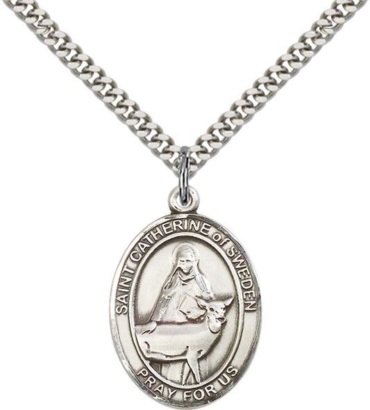Sterling Silver St. Catherine of Sweden Pendant with 24 Inch Light Rhodium Heavy Curb Chain