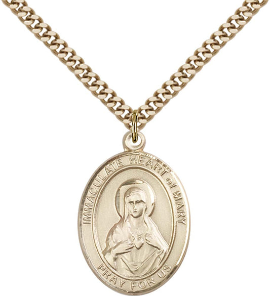 14kt Gold Filled Immaculate Heart of Mary Pendant with 24 inch Gold Plate Heavy Curb Chain