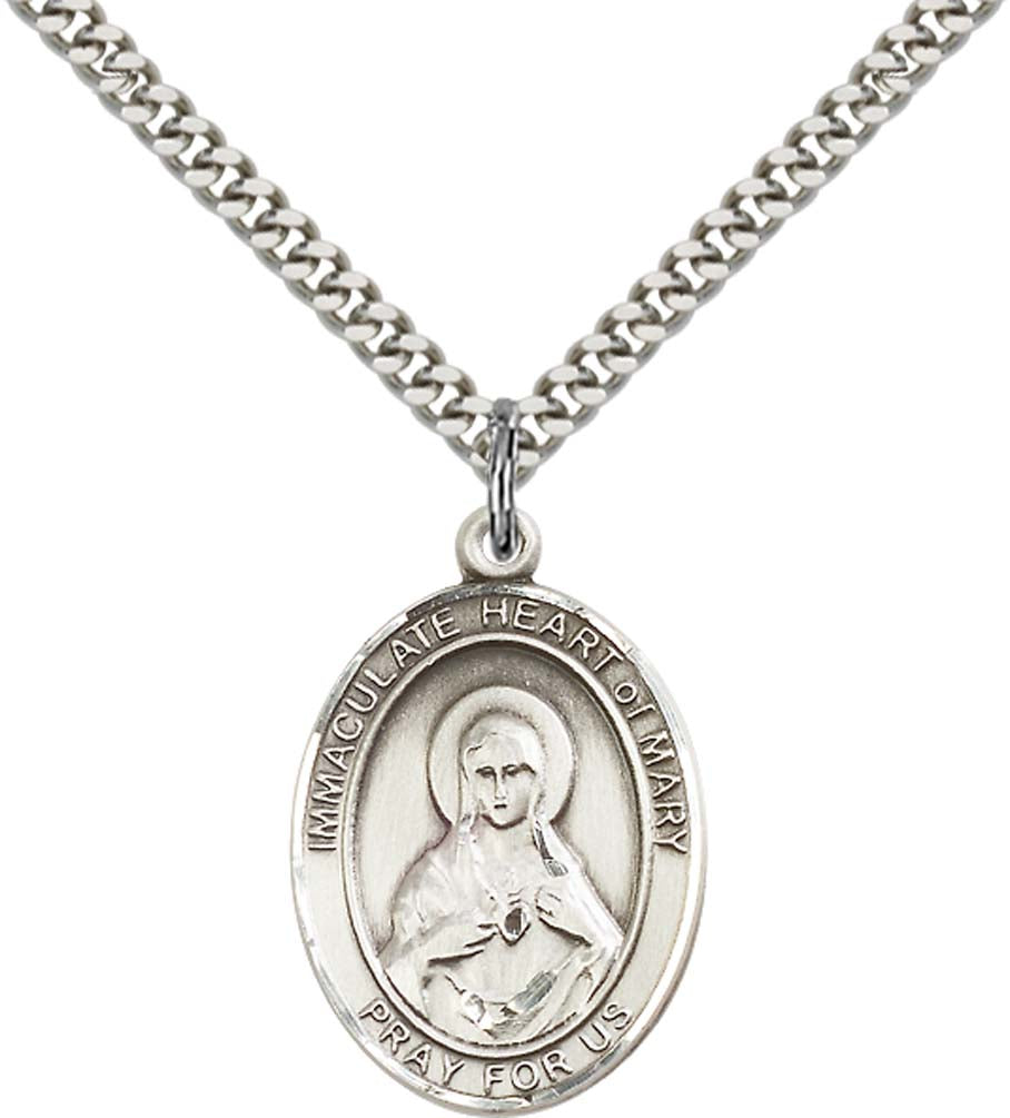 Sterling Silver Immaculate Heart of Mary Pendant with 24 Inch Light Rhodium Heavy Curb Chain