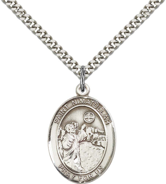Sterling Silver St. Nimatullah Pendant with 24 Inch Light Rhodium Heavy Curb Chain
