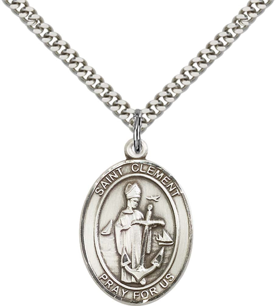 Sterling Silver St. Clement Pendant with 24 Inch Light Rhodium Heavy Curb Chain