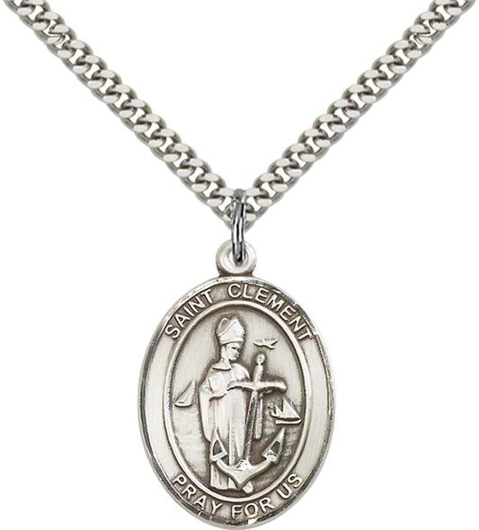 Sterling Silver St. Clement Pendant with 24 Inch Light Rhodium Heavy Curb Chain