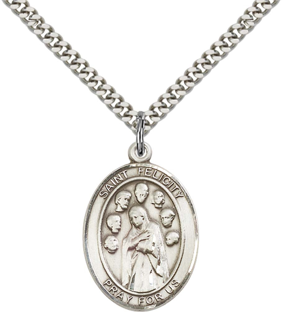 Sterling Silver St. Felicity Pendant with 24 Inch Light Rhodium Heavy Curb Chain