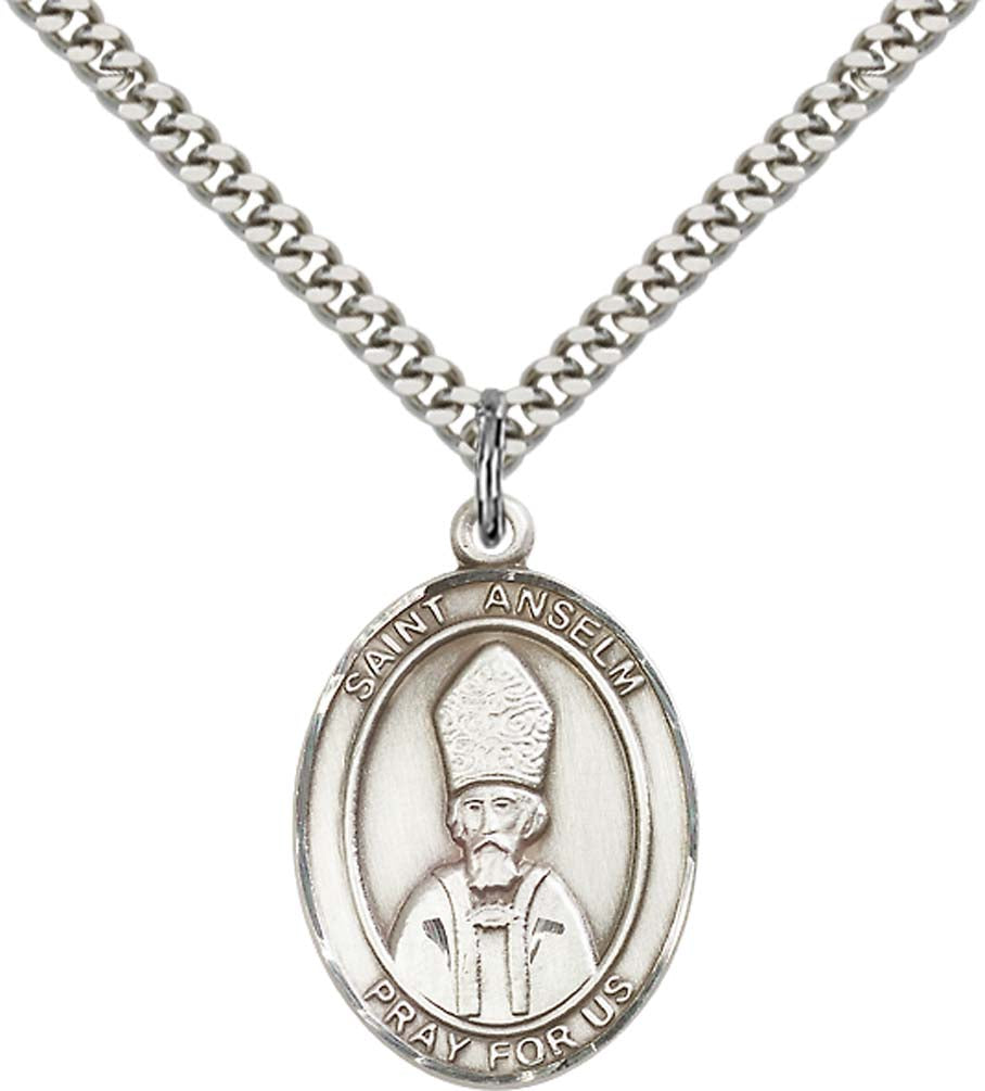 Sterling Silver St. Anselm of Canterbury Pendant with 24 Inch Light Rhodium Heavy Curb Chain