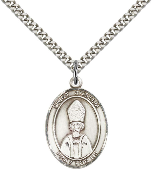 Sterling Silver St. Anselm of Canterbury Pendant with 24 Inch Light Rhodium Heavy Curb Chain