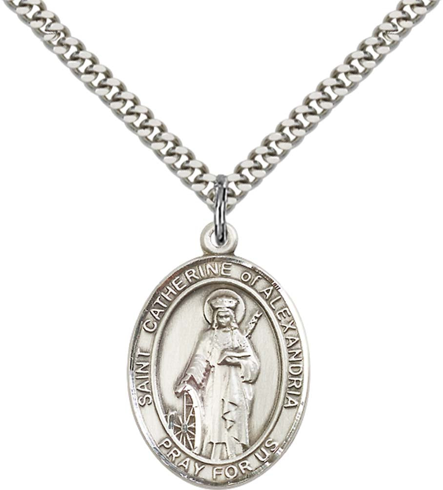 Sterling Silver St. Catherine of Alexandria Pendan with 24 Inch Light Rhodium Heavy Curb Chain
