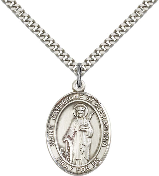 Sterling Silver St. Catherine of Alexandria Pendan with 24 Inch Light Rhodium Heavy Curb Chain