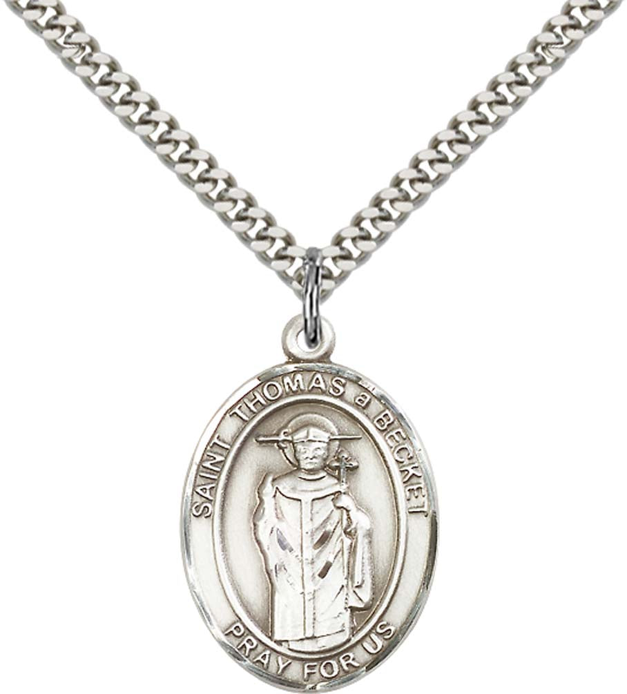 Sterling Silver St. Thomas A Becket Pendant with 24 Inch Light Rhodium Heavy Curb Chain