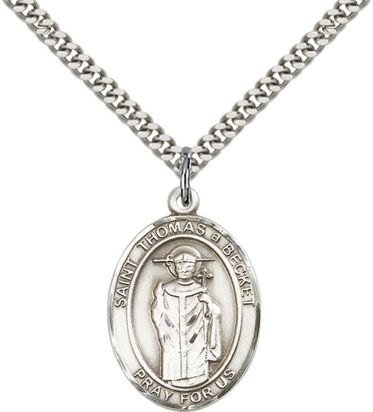 Sterling Silver St. Thomas A Becket Pendant with 24 Inch Light Rhodium Heavy Curb Chain