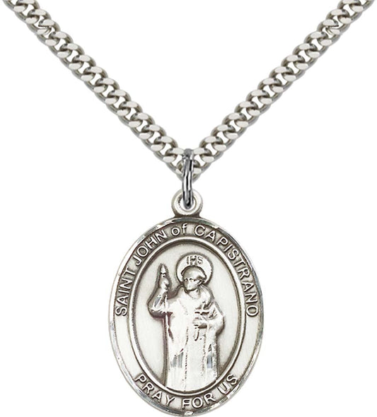 Sterling Silver St. John of Capistrano Pendant with 24 Inch Light Rhodium Heavy Curb Chain