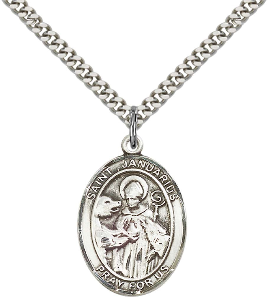 Sterling Silver St. Januarius Pendant with 24 Inch Light Rhodium Heavy Curb Chain