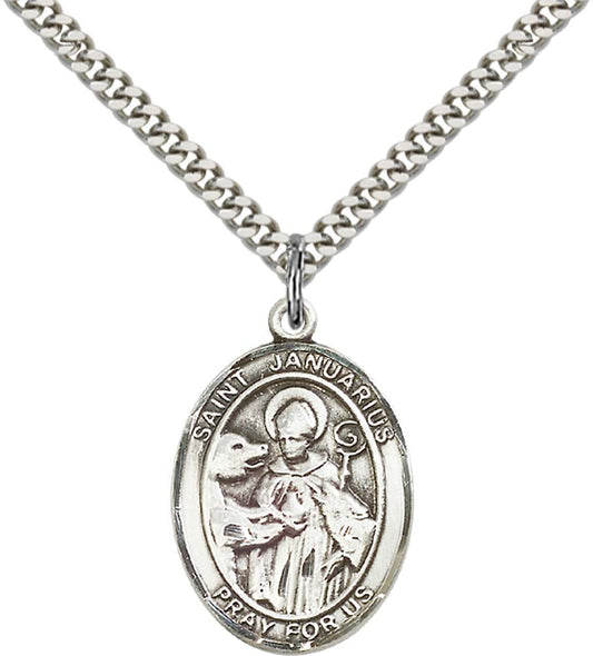 Sterling Silver St. Januarius Pendant with 24 Inch Light Rhodium Heavy Curb Chain