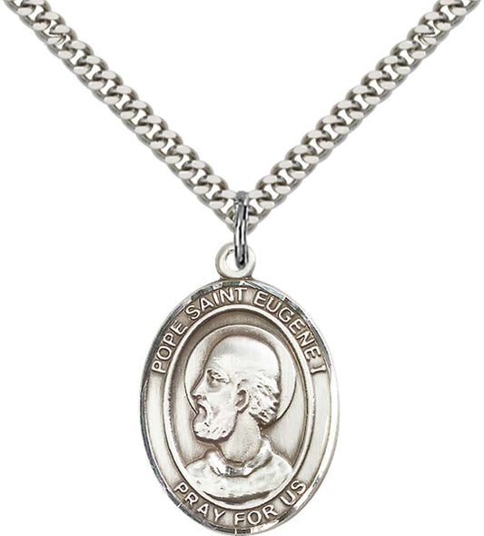 Sterling Silver Pope Saint Eugene I Pendant with 24 Inch Light Rhodium Heavy Curb Chain