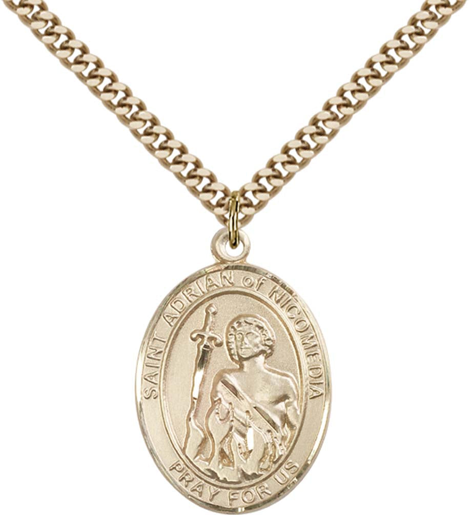 14kt Gold Filled St. Adrian of Nicomedia Pendant with 24 inch Gold Plate Heavy Curb Chain