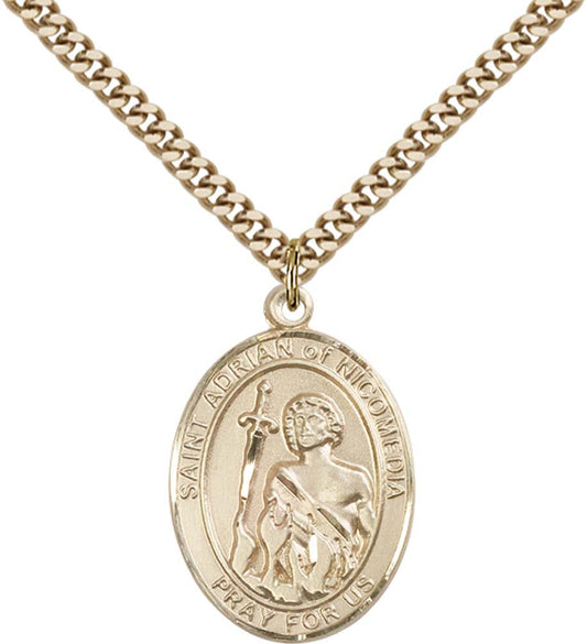 14kt Gold Filled St. Adrian of Nicomedia Pendant with 24 inch Gold Plate Heavy Curb Chain