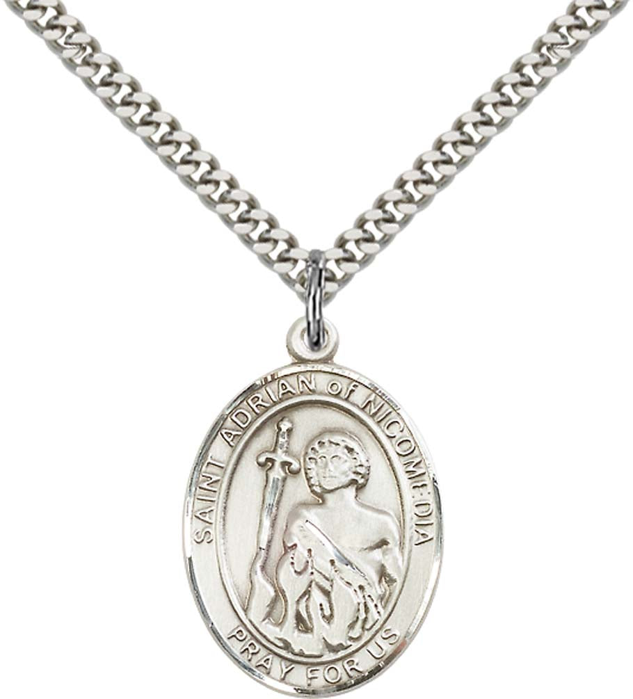 Sterling Silver St. Adrian of Nicomedia Pendant with 24 Inch Light Rhodium Heavy Curb Chain