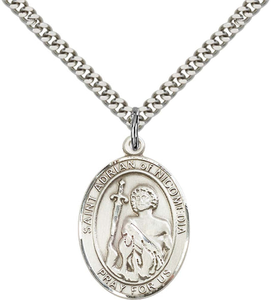 Sterling Silver St. Adrian of Nicomedia Pendant with 24 Inch Light Rhodium Heavy Curb Chain