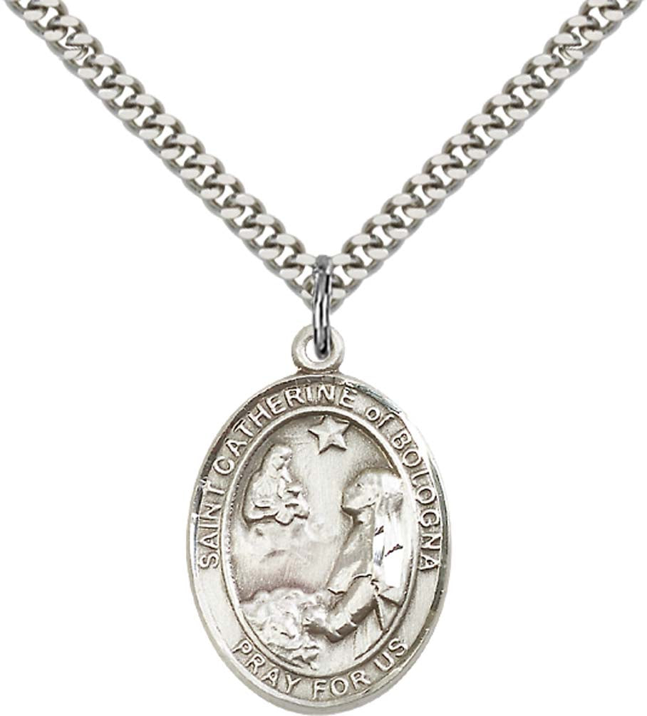 Sterling Silver St. Catherine of Bologna Pendant with 24 Inch Light Rhodium Heavy Curb Chain