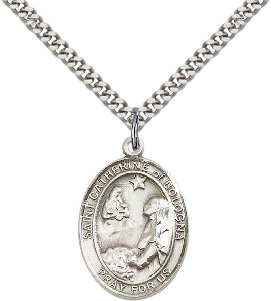 Sterling Silver St. Catherine of Bologna Pendant with 24 Inch Light Rhodium Heavy Curb Chain