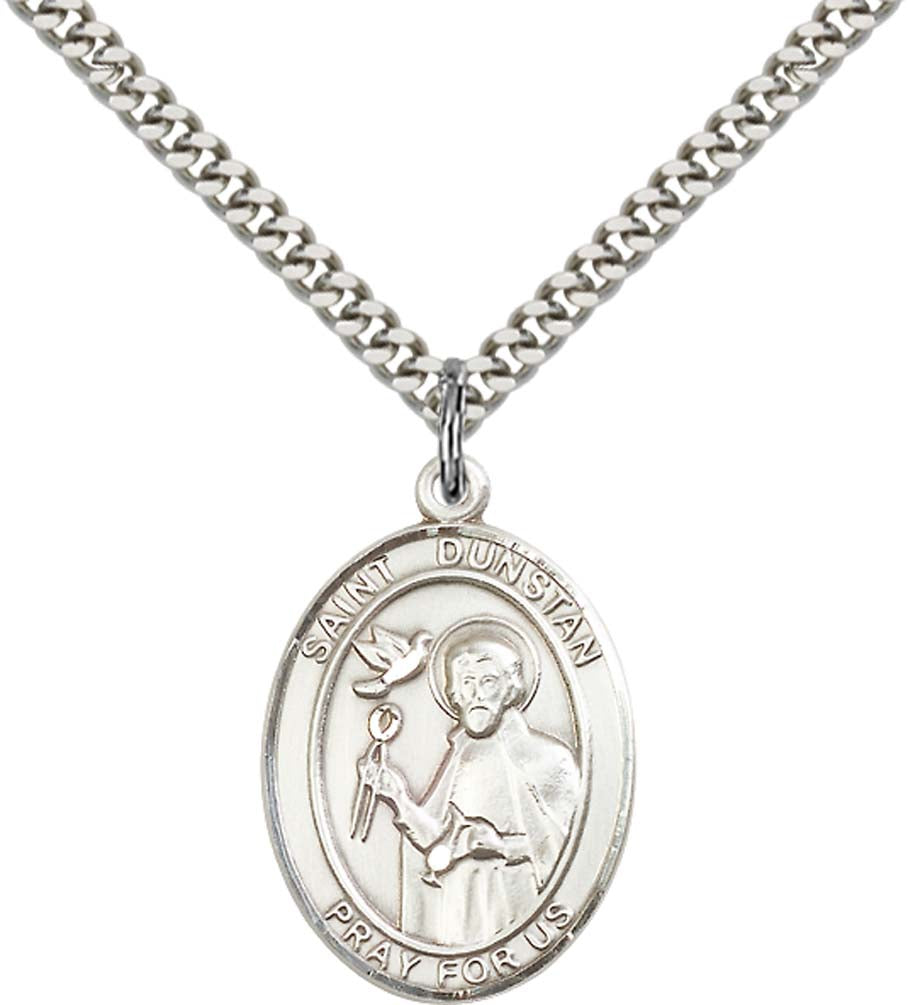 Sterling Silver St. Dunstan Pendant with 24 Inch Light Rhodium Heavy Curb Chain