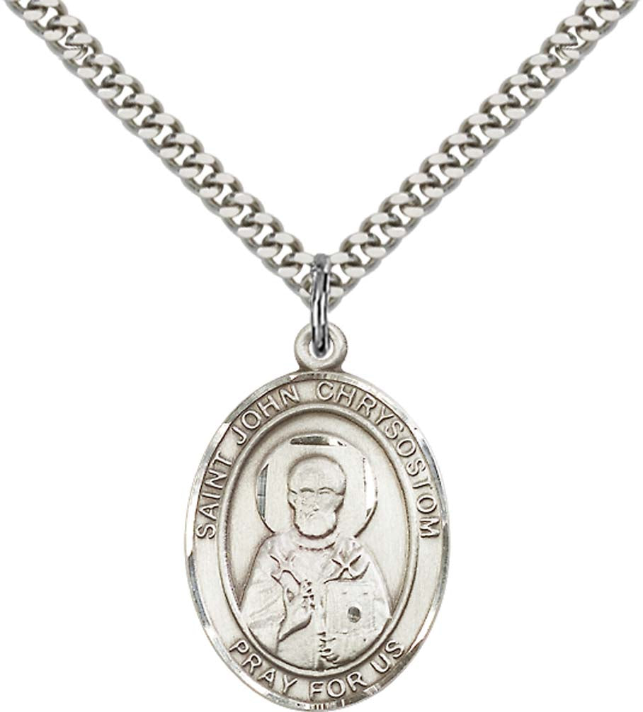 Sterling Silver St. John Chrysostom Pendant with 24 Inch Light Rhodium Heavy Curb Chain