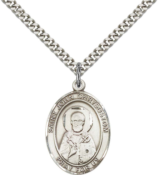 Sterling Silver St. John Chrysostom Pendant with 24 Inch Light Rhodium Heavy Curb Chain