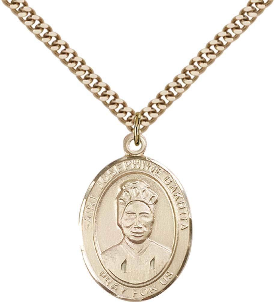 14kt Gold Filled St. Joseph Pendant with 24 inch Gold Plate Heavy Curb Chain - Large Saint Josephine Bakhita