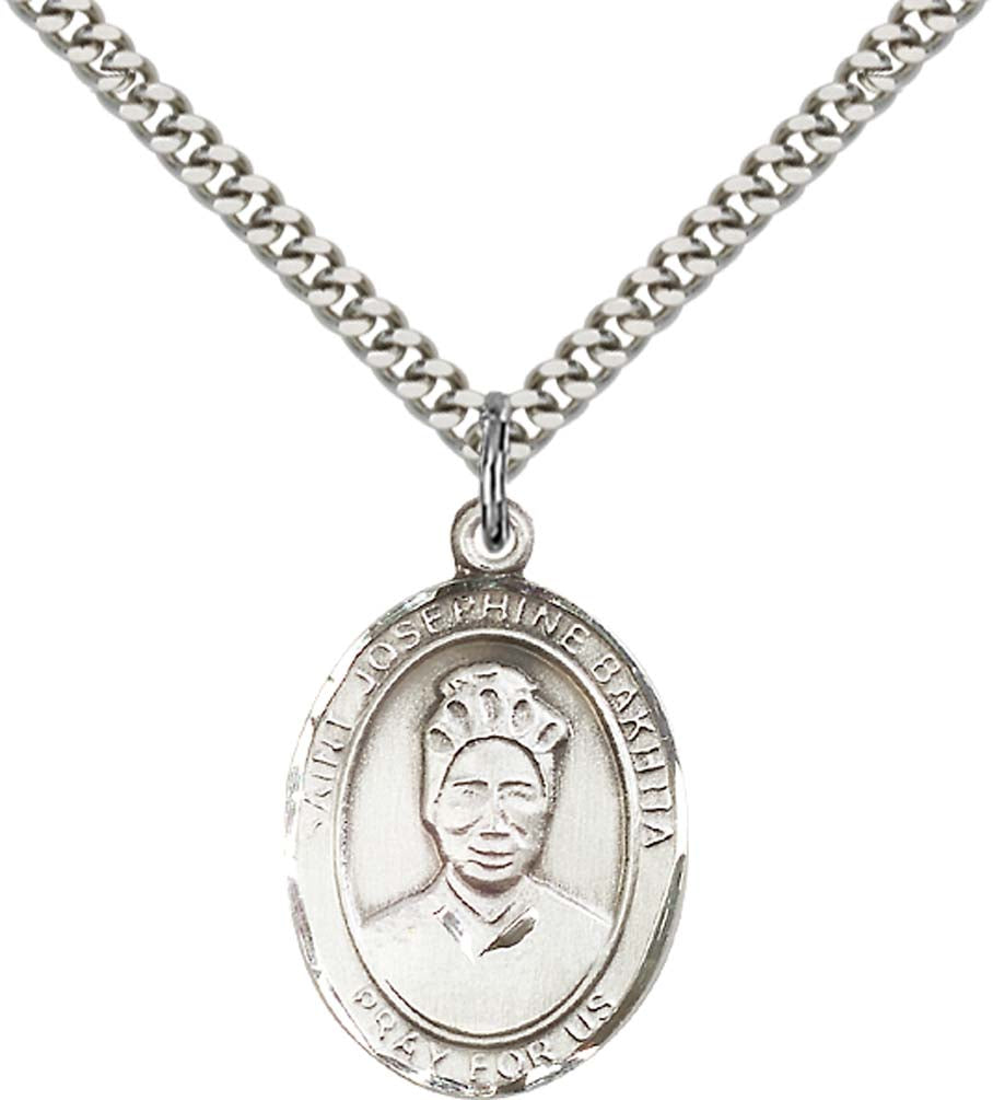 Sterling Silver St. Joseph Pendant with 24 Inch Light Rhodium Heavy Curb Chain - Large Saint Josephine Bakhita