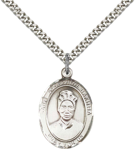 Sterling Silver St. Joseph Pendant with 24 Inch Light Rhodium Heavy Curb Chain - Large Saint Josephine Bakhita