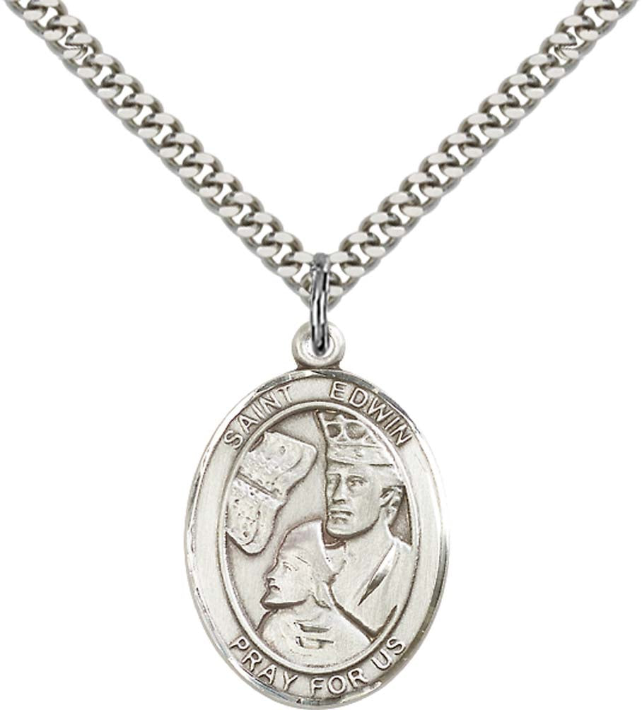 Sterling Silver St. Edwin Pendant with 24 Inch Light Rhodium Heavy Curb Chain