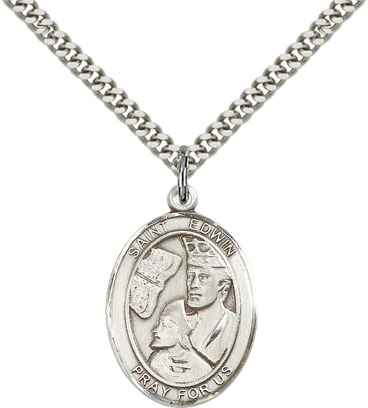 Sterling Silver St. Edwin Pendant with 24 Inch Light Rhodium Heavy Curb Chain