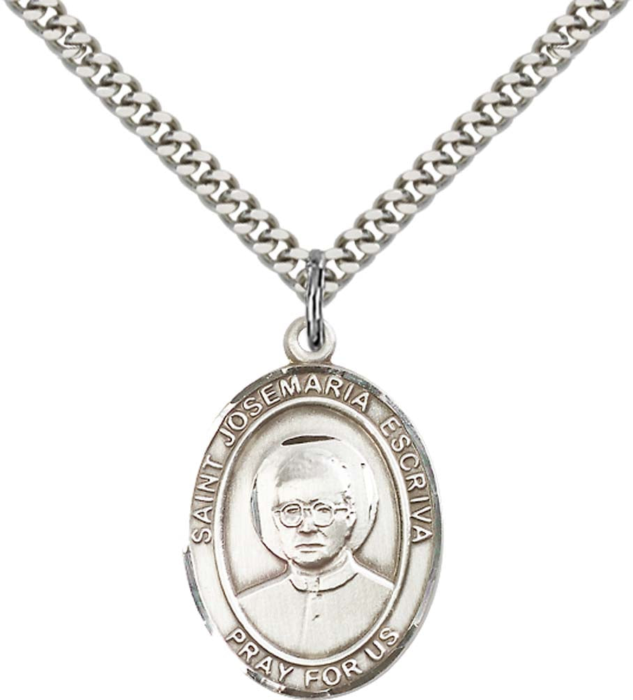 Sterling Silver St. Josemaria Escriva Pendant with 24 Inch Light Rhodium Heavy Curb Chain