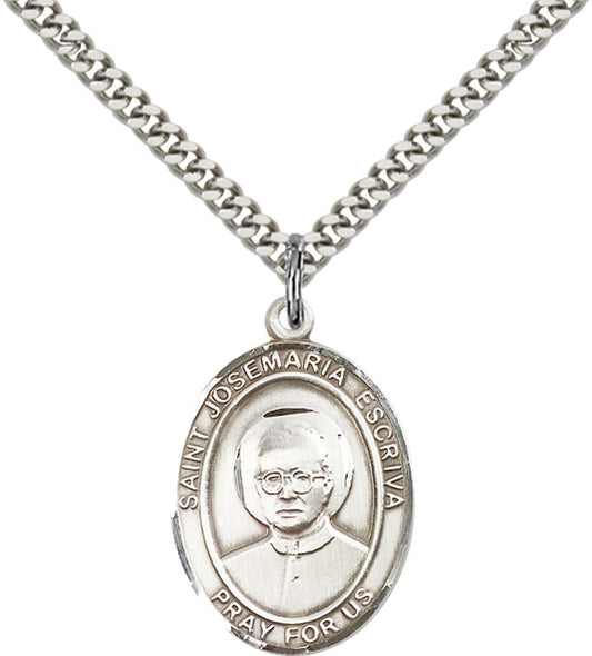 Sterling Silver St. Josemaria Escriva Pendant with 24 Inch Light Rhodium Heavy Curb Chain
