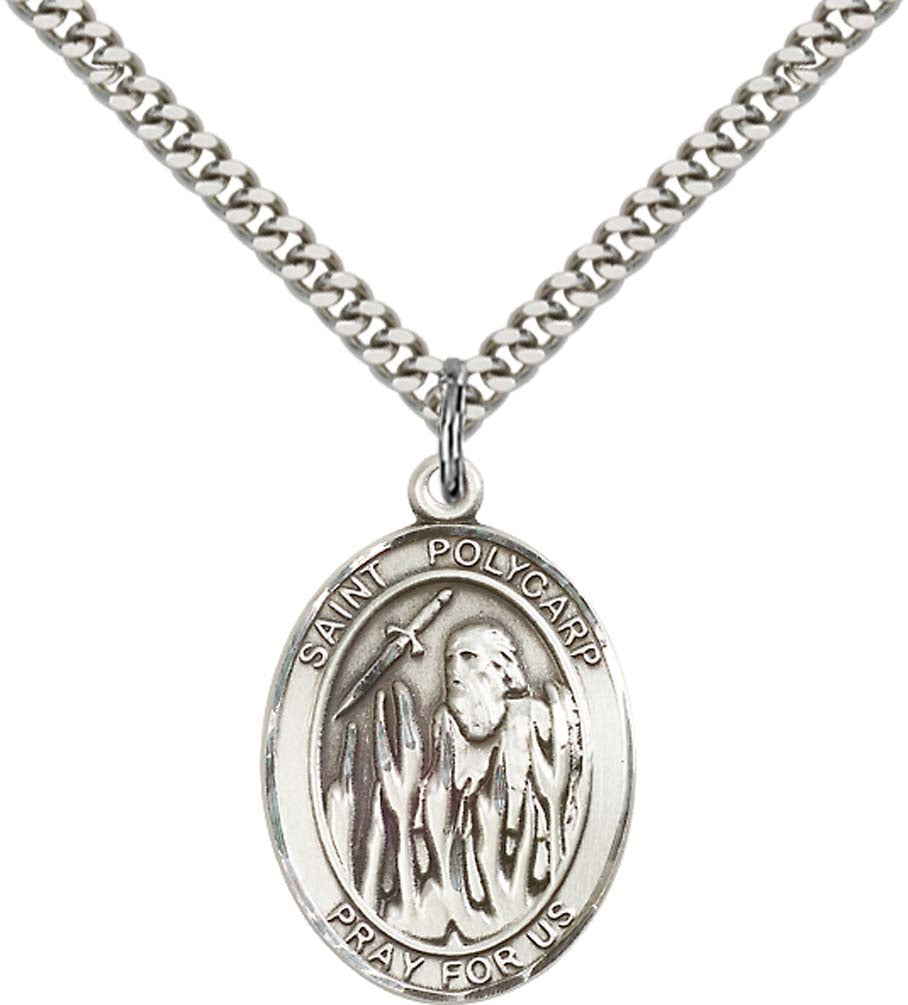 Sterling Silver St. Polycarp of Smyrna Pendant with 24 Inch Light Rhodium Heavy Curb Chain