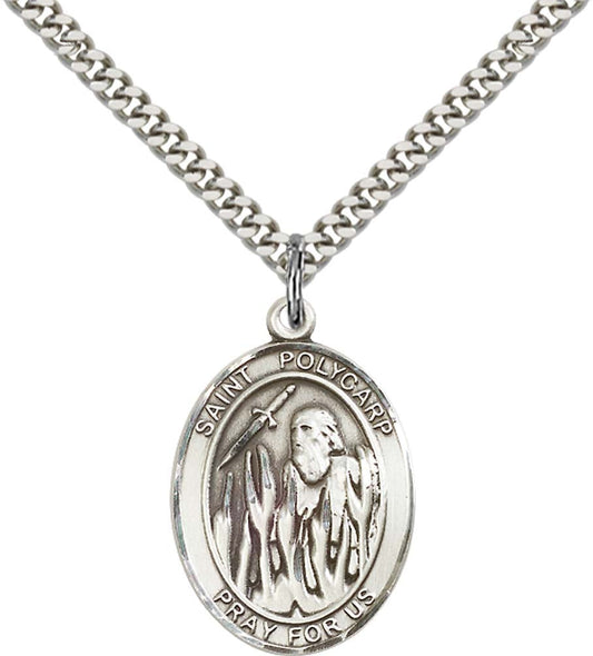 Sterling Silver St. Polycarp of Smyrna Pendant with 24 Inch Light Rhodium Heavy Curb Chain