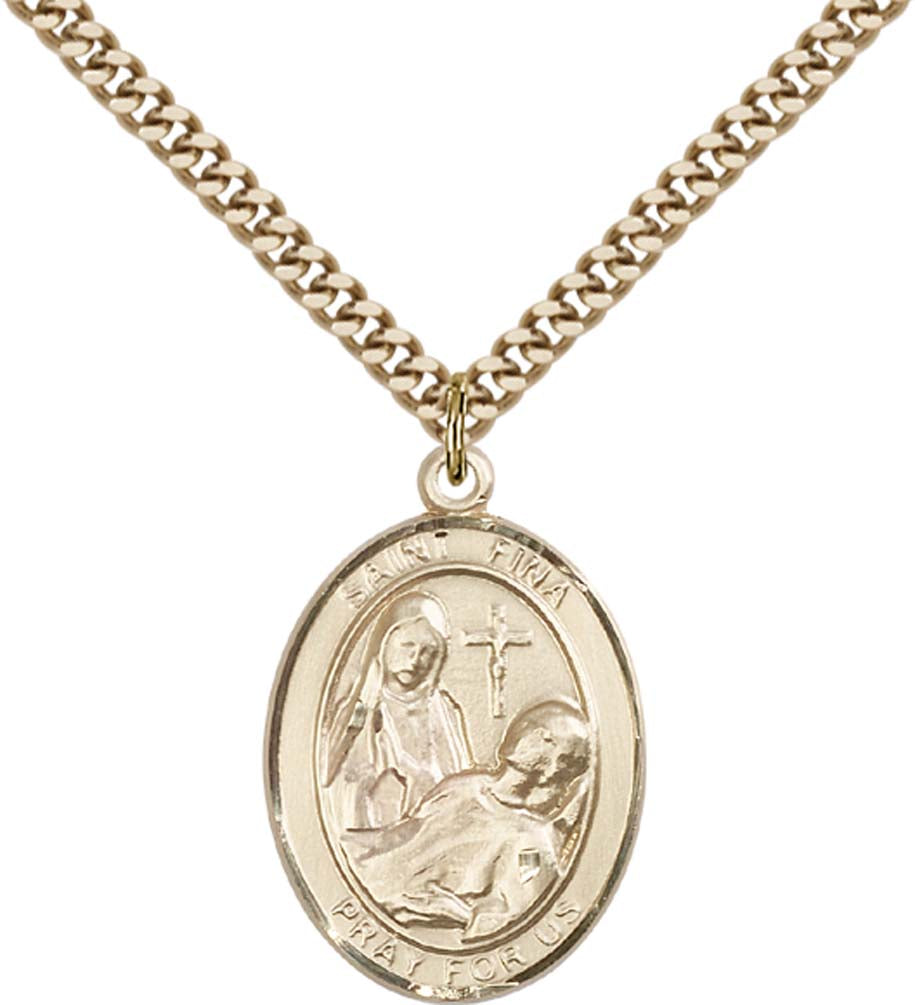 14kt Gold Filled St. Fina Pendant with 24 inch Gold Plate Heavy Curb Chain