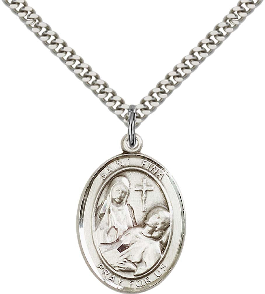 Sterling Silver St. Fina Pendant with 24 Inch Light Rhodium Heavy Curb Chain