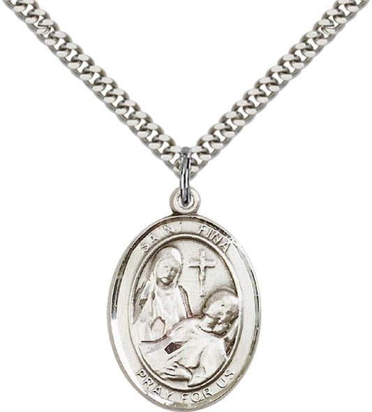 Sterling Silver St. Fina Pendant with 24 Inch Light Rhodium Heavy Curb Chain