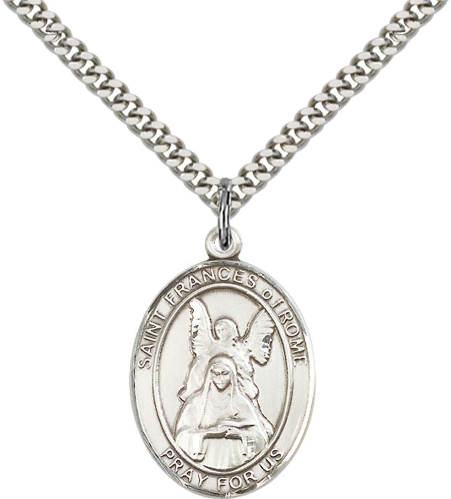 Sterling Silver St. Frances of Rome Pendant with 24 Inch Light Rhodium Heavy Curb Chain