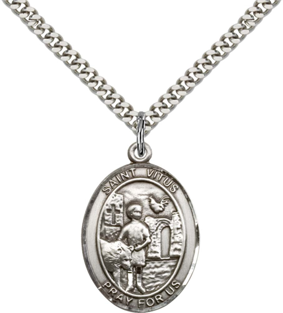 Sterling Silver St. Vitus Pendant with 24 Inch Light Rhodium Heavy Curb Chain