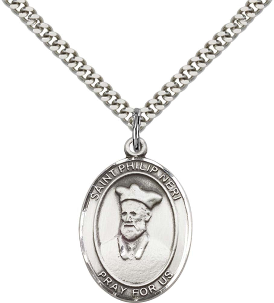 Sterling Silver St. Philip Neri Pendant with 24 Inch Light Rhodium Heavy Curb Chain