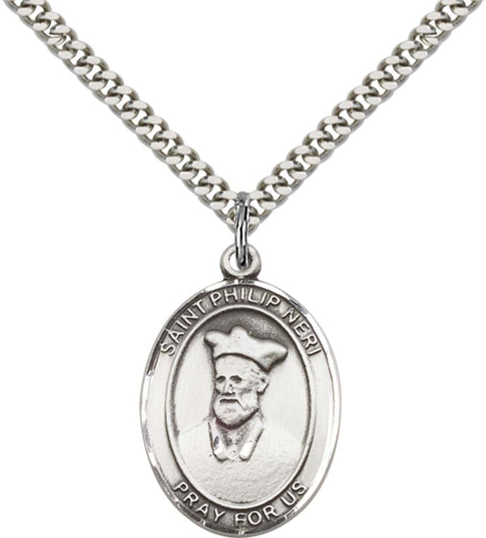 Sterling Silver St. Philip Neri Pendant with 24 Inch Light Rhodium Heavy Curb Chain