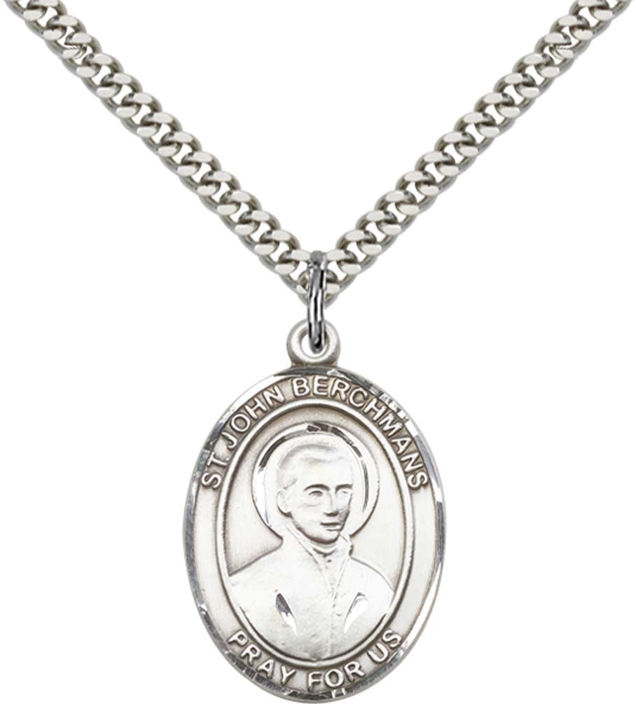 Sterling Silver St. John Berchmans Pendant with 24 Inch Light Rhodium Heavy Curb Chain